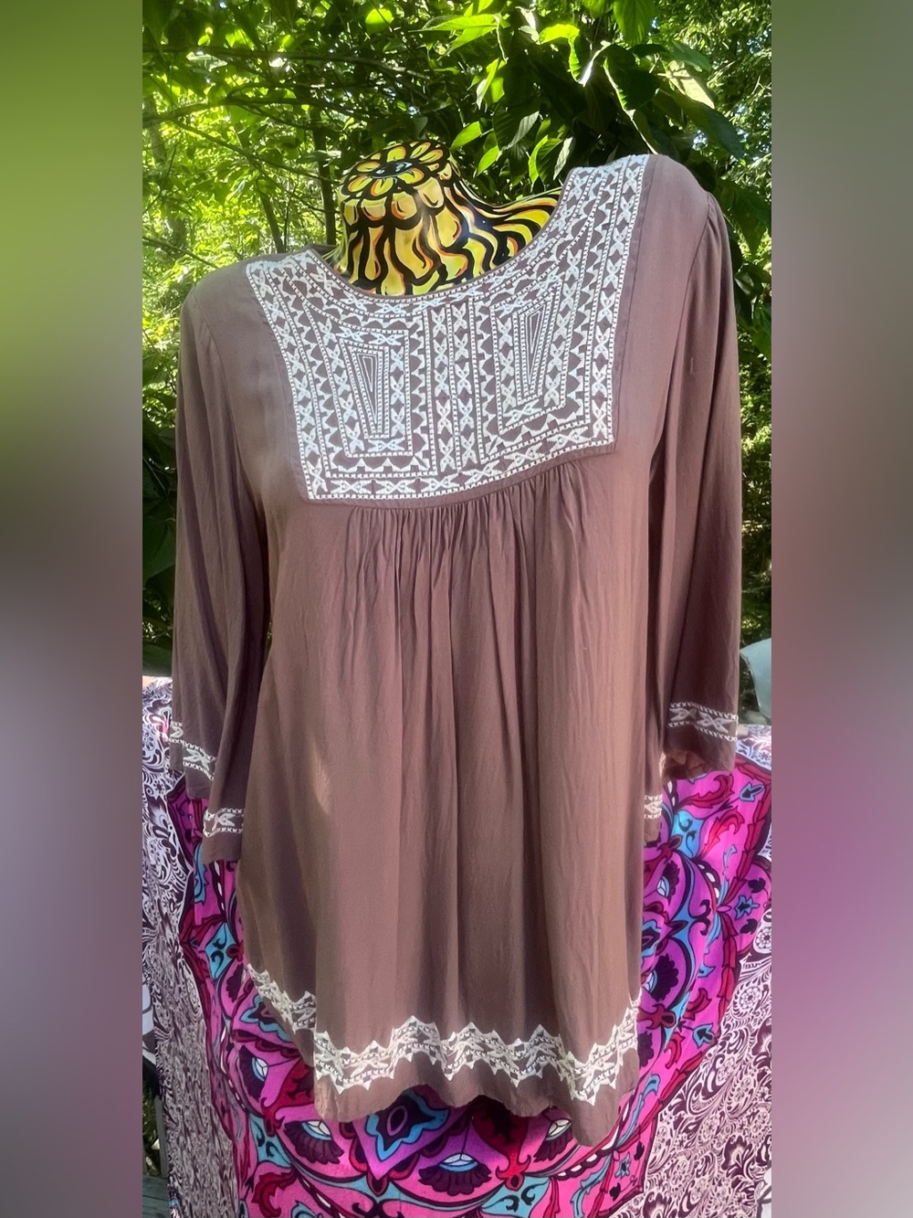 orange creek Brown Embroidered Square-Neck Tunic